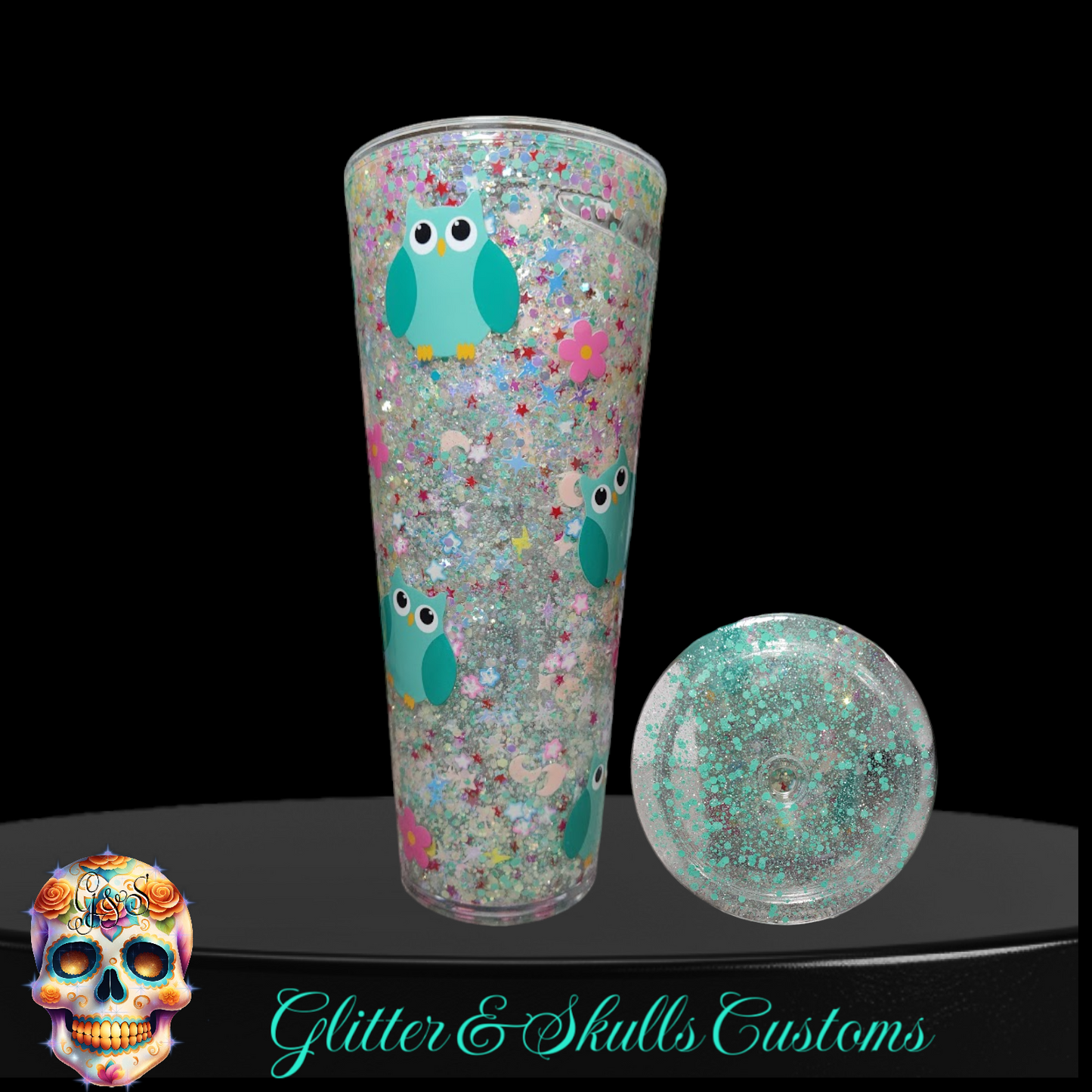 Teal Owl Pink Flower 24 oz Snow Globe Tumbler