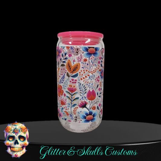 Vibrant Blooms Glass Can