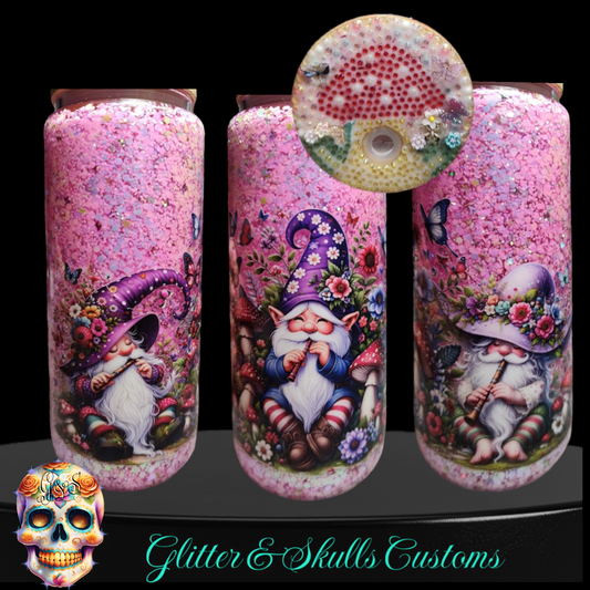 Gnomes with Purple Hats 16 oz Glass Snow Globe Tumbler