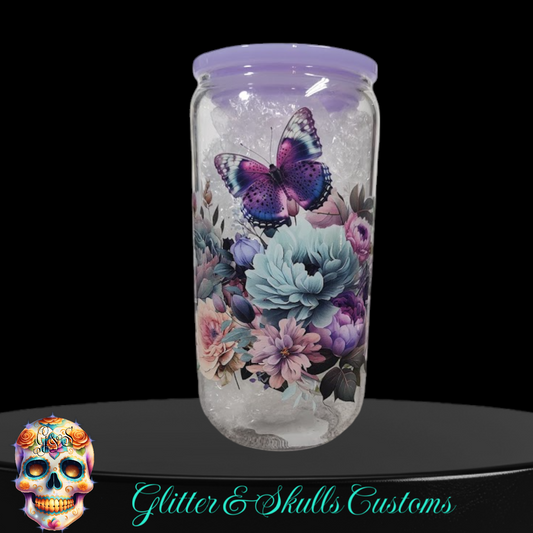 Purple Butterfly and flowers Glass Can