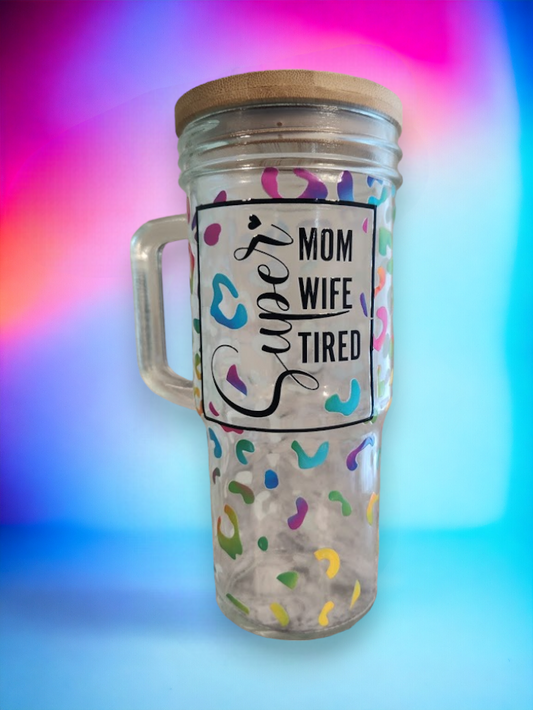 Super Mom Glass Cup with Lid and Straw