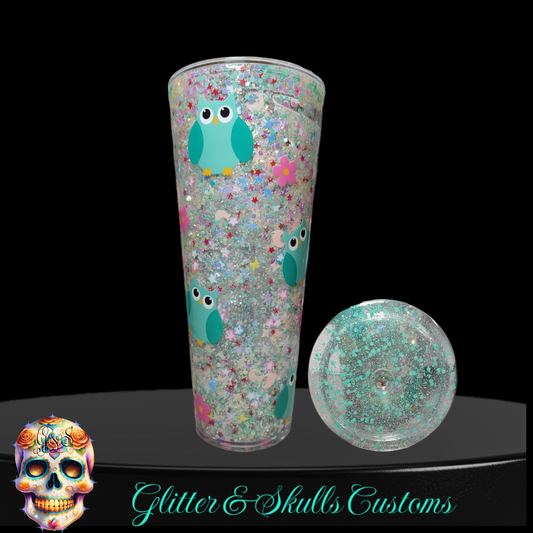 Teal Owl Pink Flower 24 oz Snow Globe Tumbler