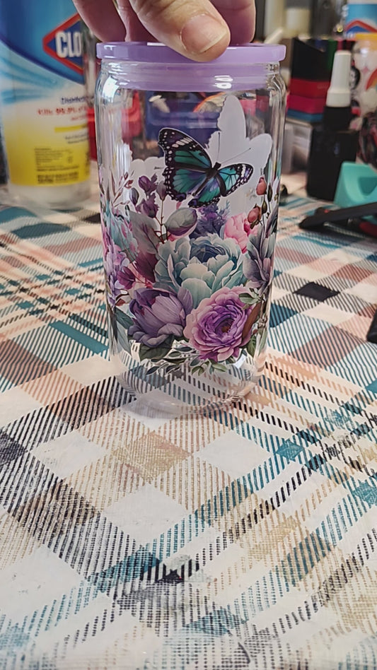 Purple Butterfly and flowers Glass Can